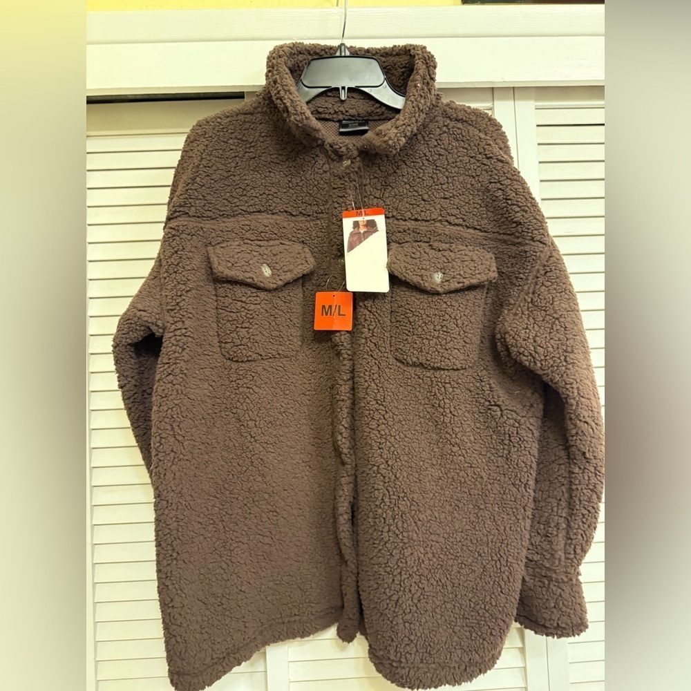 32 Degrees Heat Oversized Brown Sherpa Button Up Jacket Sz M/L BRAND NEW